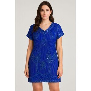 Stenay Vintage 100% silk beaded blue dress 14